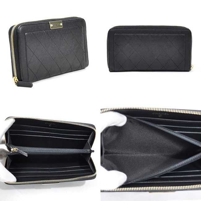 シャネル ラウンドファスナー長財布 マトラッセ プレート ロゴマーク ブラック レザー CHANEL レディース A84300