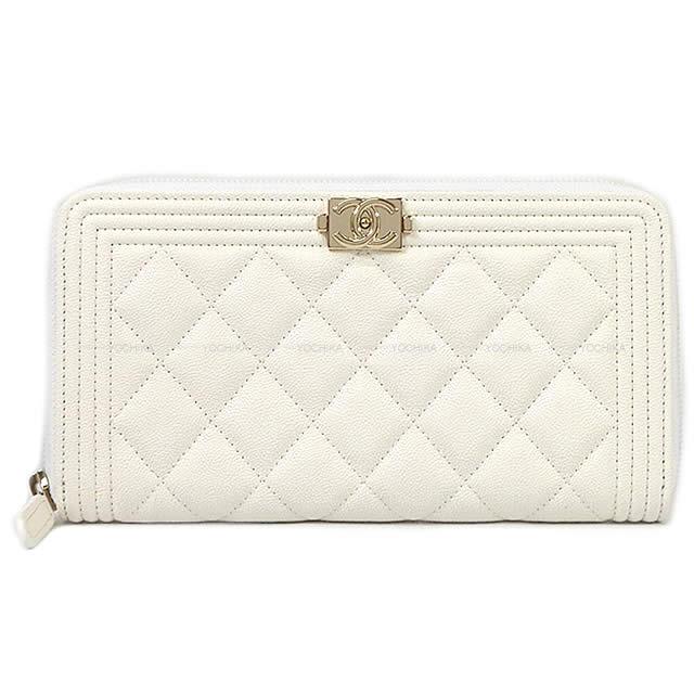 CHANEL シャネル ボーイシャネル マトラッセ ラウンドファスナー 長財布 白 グレインドカーフ A80288 シャンパンゴールド金具
