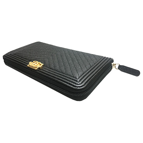 CHANEL シャネル クルーズ ボーイシャネル ラウンドファスナー キャビア シェブロン Vステッチ 長財布 ブラック 黒 ゴールド金具 A80288 Y33123
