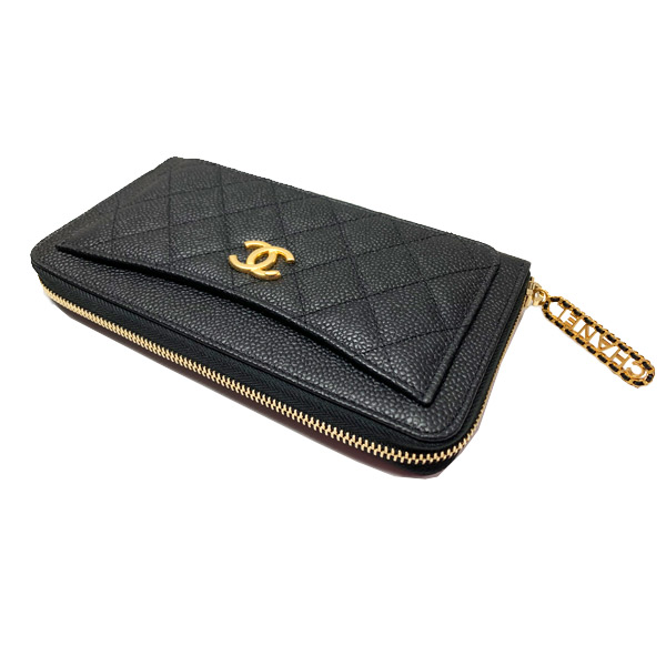 シャネル コレクション パリジャンジャーニー ジップ ラウンドファスナー 長財布 AP1425B02849 CCマーク 黒 ブラック キャビアスキン ファスナー引き手 ゴールド金具 カメリア ラッピング