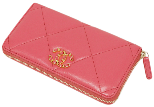 シャネル財布 AP1063 CHANEL ラウンドファスナー長財布 CHANEL19 チェーン CC ラムスキン ピンク ゴールド金具
