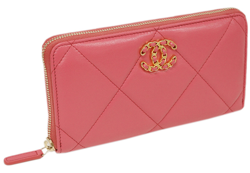 シャネル財布 AP1063 CHANEL ラウンドファスナー長財布 CHANEL19 チェーン CC ラムスキン ピンク ゴールド金具