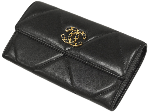 シャネル財布 AP0955 CHANEL 長札ファスナー 小銭入れ付き 長財布 CHANEL19 ロング フラップウォレット チェーン CC ブラックxダークピンク ゴールド金具