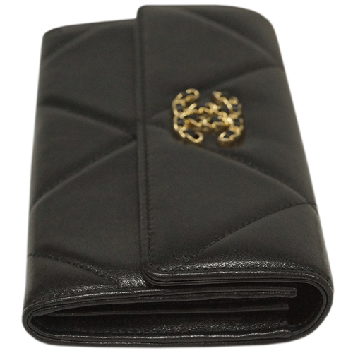 シャネル財布 AP0955 CHANEL 長札ファスナー 小銭入れ付き 長財布 CHANEL19 ロング フラップウォレット チェーン CC ブラックxダークピンク ゴールド金具