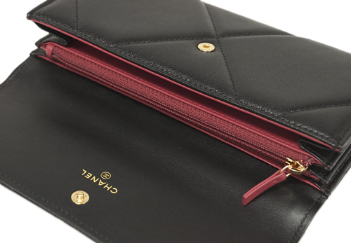 シャネル財布 AP0955 CHANEL 長札ファスナー 小銭入れ付き 長財布 CHANEL19 ロング フラップウォレット チェーン CC ブラックxダークピンク ゴールド金具