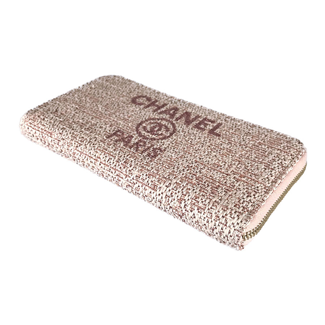 シャネル CHANEL ドーヴィル ツイード ラウンドファスナー 長財布 A80056 ピンク ラフィア×カーフレザー レディース財布