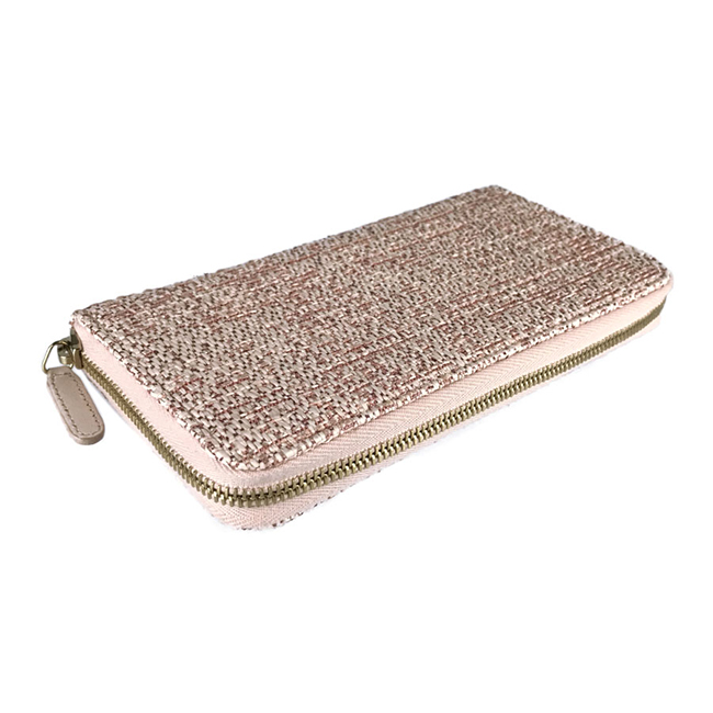 シャネル CHANEL ドーヴィル ツイード ラウンドファスナー 長財布 A80056 ピンク ラフィア×カーフレザー レディース財布