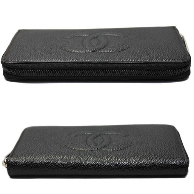 シャネル財布 CCマーク付きキャビアスキン ジップウォレット 黒/シルバー金具 ラウンドファスナー財布 A50071 CHANEL