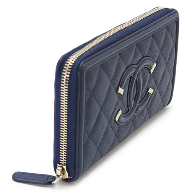 シャネル 長財布 A84449 CAVIAR NAVY/GD CHANEL ラウンドファスナー キルティング ココマーク キャビアスキン レザー ネイビー