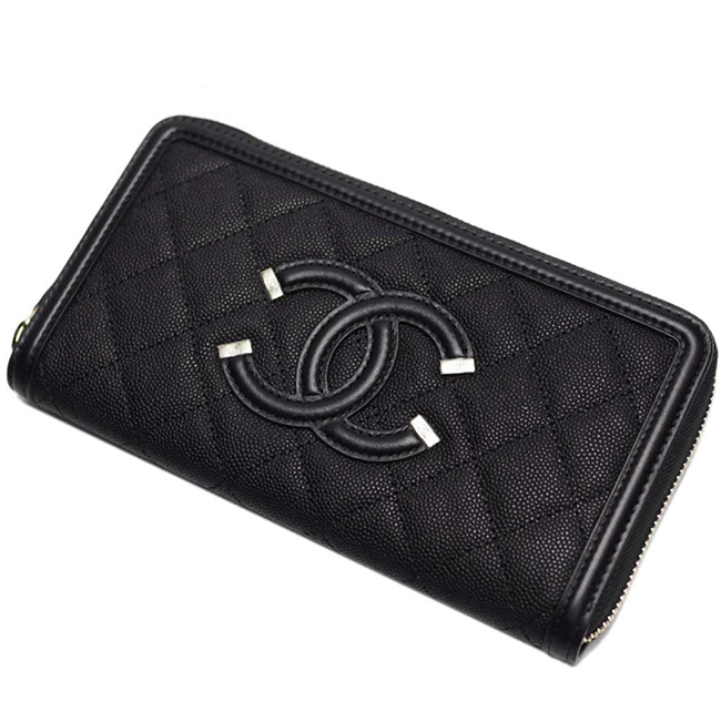 シャネル財布 CCフィリグリー ジップウォレット/ラウンドファスナー財布 A84449 キャビアスキン黒/GO CHANEL