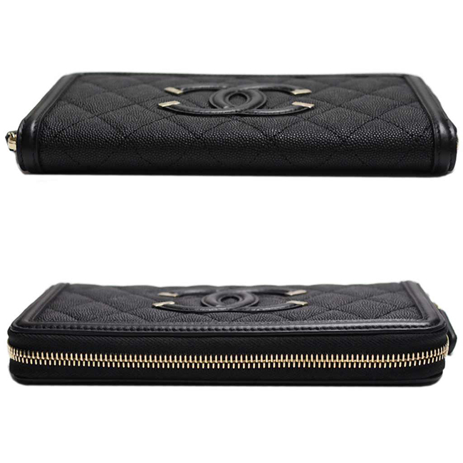 シャネル財布 CCフィリグリー ジップウォレット/ラウンドファスナー財布 A84449 キャビアスキン黒/GO CHANEL