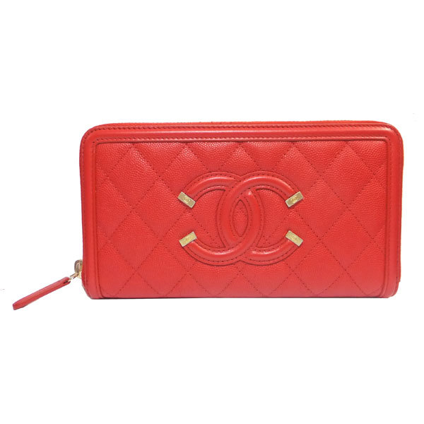 CHANEL シャネル ジップ ラウンドファスナー 長財布 キャビアスキン A84449 「CC フリグリー FILIGREE」赤 ゴールド金具 CCマーク