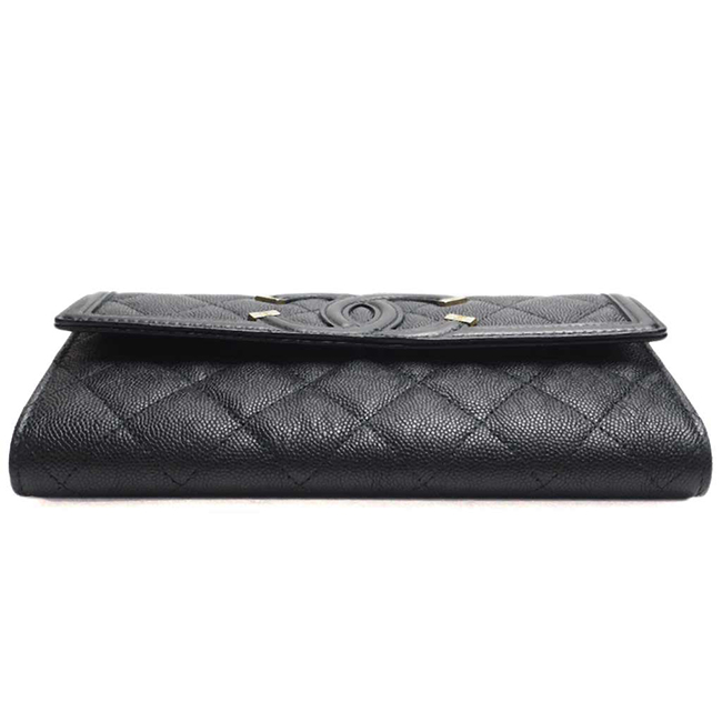 シャネル財布 ＣＣフィリグリー キャビアスキン フラップウォレット 黒/GO A84448 CHANEL
