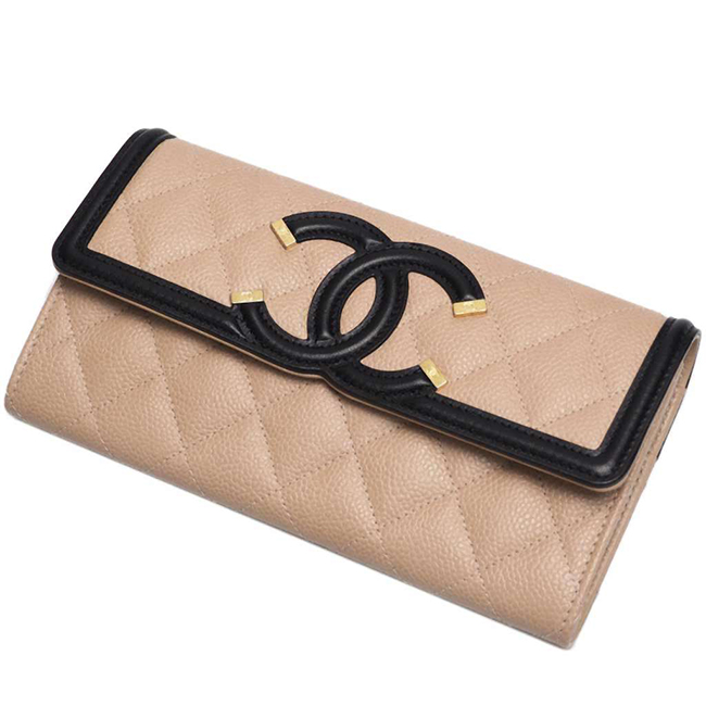 シャネル財布 CCフィリグリー キャビアスキン フラップウォレット ベージュ×ブラック A84448 CHANEL