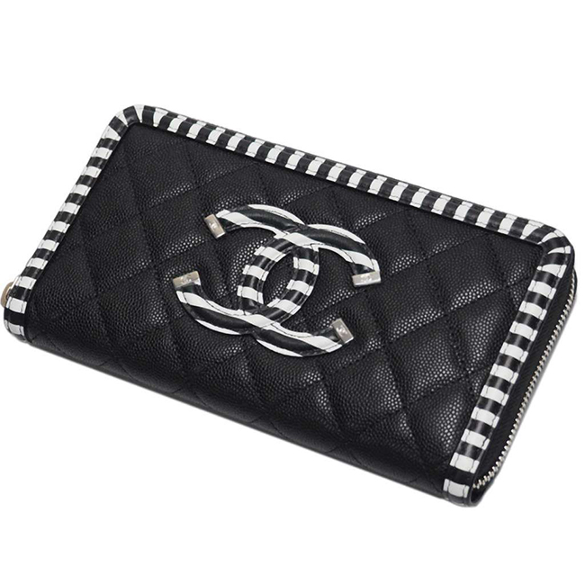 シャネル財布 CCフィリグリー ジップウォレット キャビアスキン 黒×黒白ボーダー/SV A84449 CHANEL