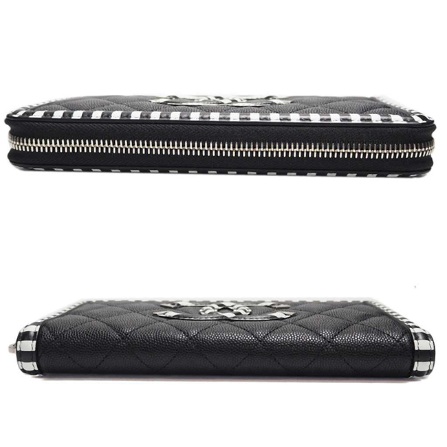 シャネル財布 CCフィリグリー ジップウォレット キャビアスキン 黒×黒白ボーダー/SV A84449 CHANEL