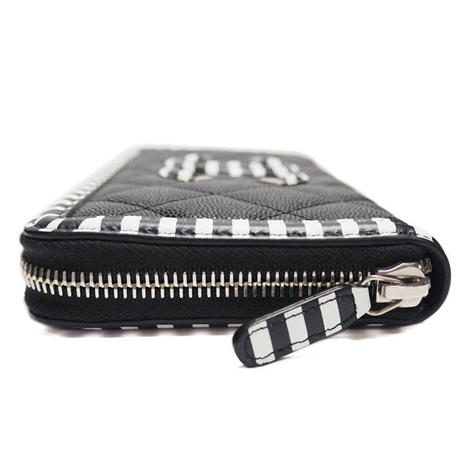 シャネル財布 CCフィリグリー ジップウォレット キャビアスキン 黒×黒白ボーダー/SV A84449 CHANEL