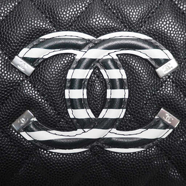 シャネル財布 CCフィリグリー ジップウォレット キャビアスキン 黒×黒白ボーダー/SV A84449 CHANEL