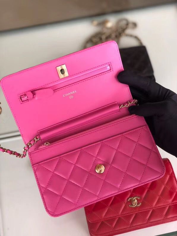 シャネル CHANEL ラムスキン チェーンウォレット ローズレッド AP1450 B02991 94309