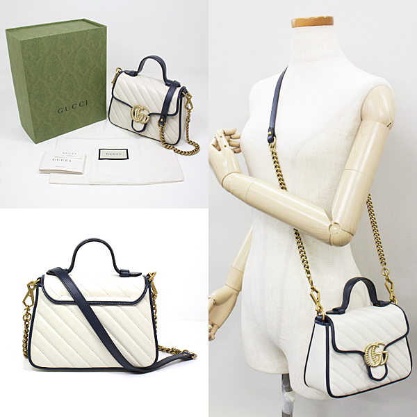 グッチ GUCCI GGマーモント ミニ トップハンドルバッグ ホワイトレザー/ダークブルー/ゴールド金具 ダブルG 583571 0OLFX 9085