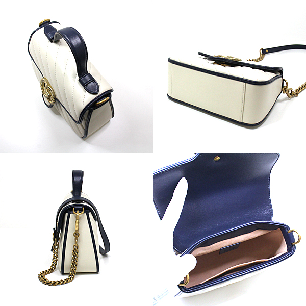 グッチ GUCCI GGマーモント ミニ トップハンドルバッグ ホワイトレザー/ダークブルー/ゴールド金具 ダブルG 583571 0OLFX 9085