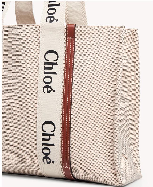 クロエ CHLOE トートバッグ WOODY LOGO ラージ リボン付き コットンキャンバスバッグ ホワイト×ブラウン CHC21US382 E66 90U