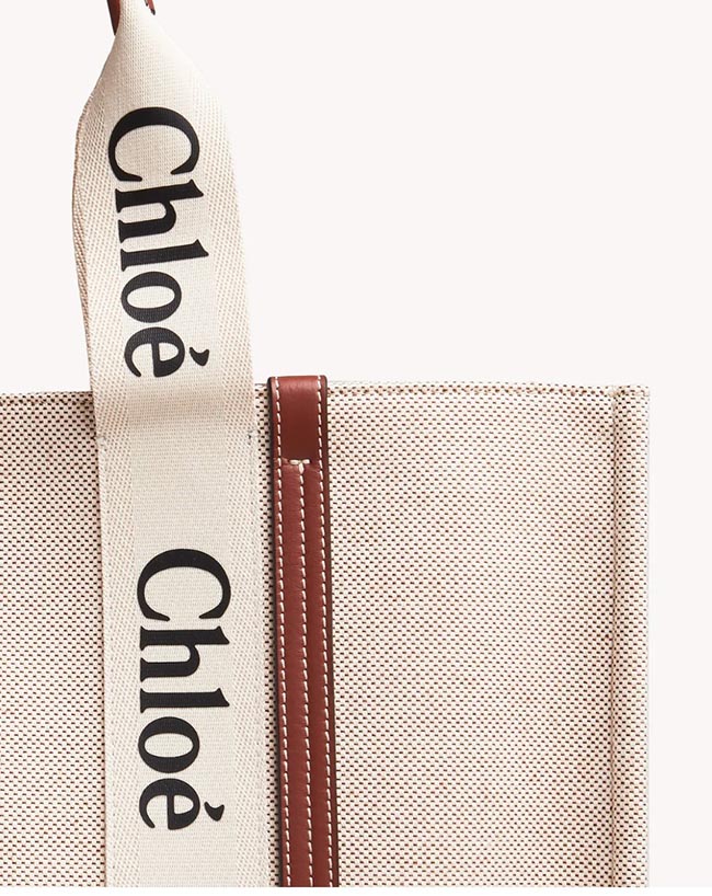 クロエ CHLOE トートバッグ WOODY LOGO ラージ リボン付き コットンキャンバスバッグ ホワイト×ブラウン CHC21US382 E66 90U