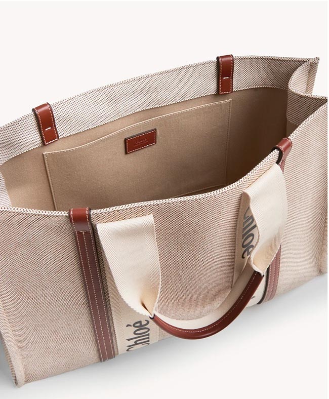 クロエ CHLOE トートバッグ WOODY LOGO ラージ リボン付き コットンキャンバスバッグ ホワイト×ブラウン CHC21US382 E66 90U
