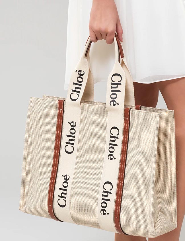 クロエ CHLOE トートバッグ WOODY LOGO ラージ リボン付き コットンキャンバスバッグ ホワイト×ブラウン CHC21US382 E66 90U
