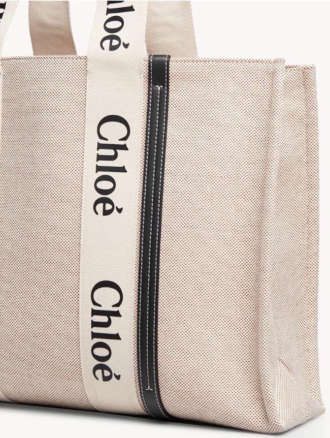 クロエ CHLOE トートバッグ WOODY LOGO ラージ リボン付き コットンキャンバスバッグ ホワイト×ネイビー CHC21US382 E66 91J