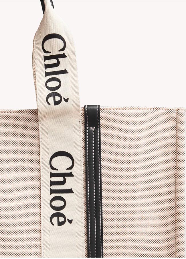 クロエ CHLOE トートバッグ WOODY LOGO ラージ リボン付き コットンキャンバスバッグ ホワイト×ネイビー CHC21US382 E66 91J