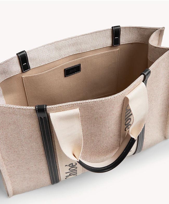 クロエ CHLOE トートバッグ WOODY LOGO ラージ リボン付き コットンキャンバスバッグ ホワイト×ネイビー CHC21US382 E66 91J