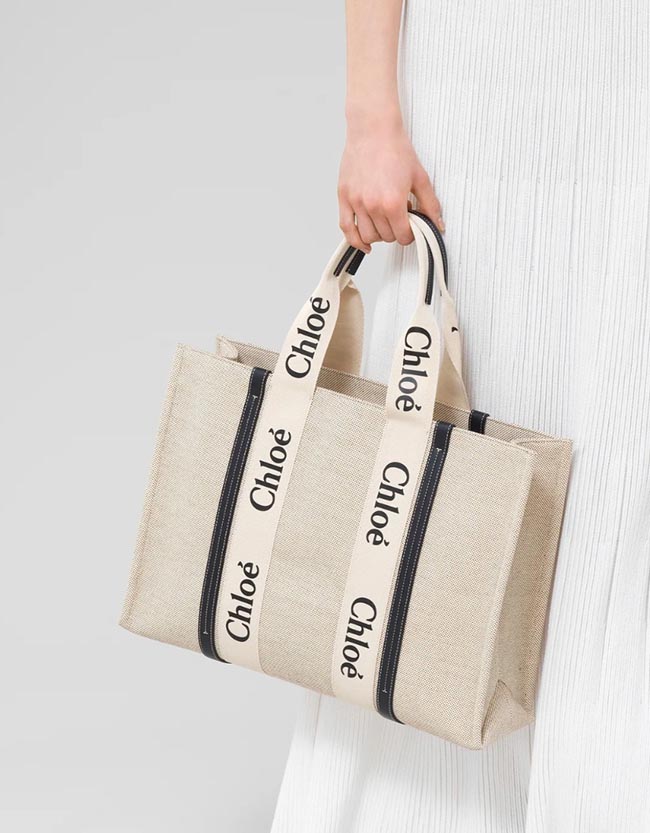 クロエ CHLOE トートバッグ WOODY LOGO ラージ リボン付き コットンキャンバスバッグ ホワイト×ネイビー CHC21US382 E66 91J