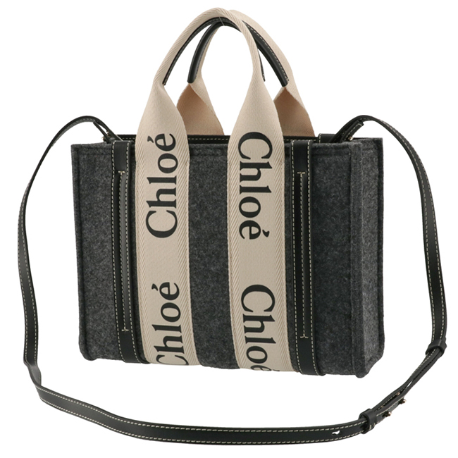 クロエ CHLOE ショルダーバッグ WOODY LOGO スモール リボン付き リサイクルフェルト グレー系 CHC21WS397 F37 053