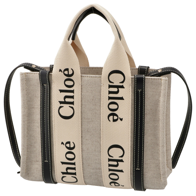 クロエ CHLOE ショルダーバッグ WOODY LOGO スモール リボン付き コットンキャンバスバッグ ホワイト×ネイビー CHC21WS397 E66 91J