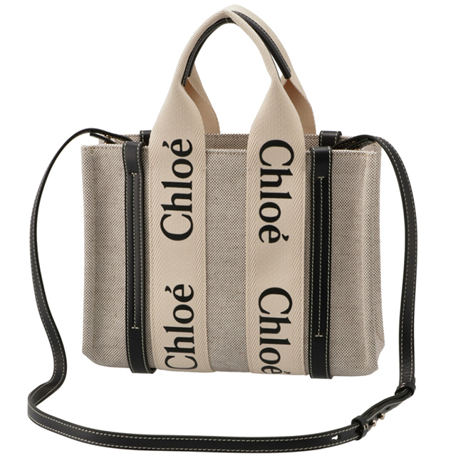 クロエ CHLOE ショルダーバッグ WOODY LOGO スモール リボン付き コットンキャンバスバッグ ホワイト×ネイビー CHC21WS397 E66 91J