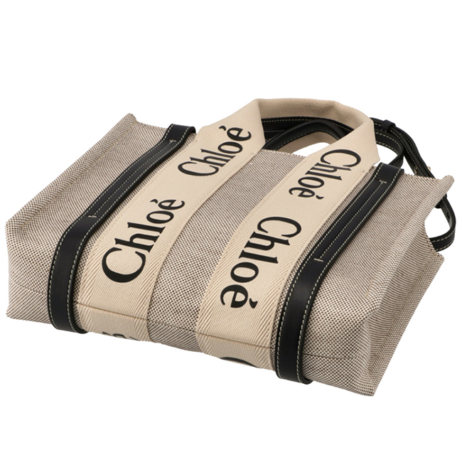 クロエ CHLOE ショルダーバッグ WOODY LOGO スモール リボン付き コットンキャンバスバッグ ホワイト×ネイビー CHC21WS397 E66 91J