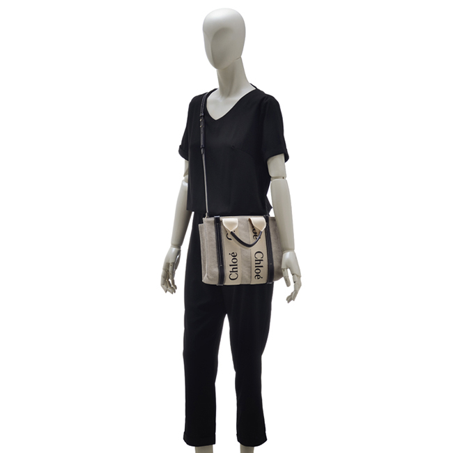 クロエ CHLOE ショルダーバッグ WOODY LOGO スモール リボン付き コットンキャンバスバッグ ホワイト×ネイビー CHC21WS397 E66 91J
