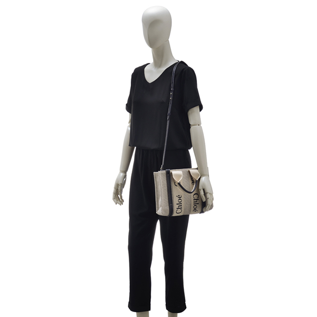 クロエ CHLOE ショルダーバッグ WOODY LOGO スモール リボン付き コットンキャンバスバッグ ホワイト×ネイビー CHC21WS397 E66 91J