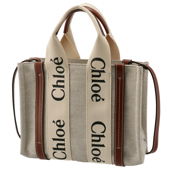クロエ CHLOE ショルダーバッグ WOODY LOGO スモール リボン付き コットンキャンバスバッグ ホワイト×ブラウン CHC21WS397 E66 90U