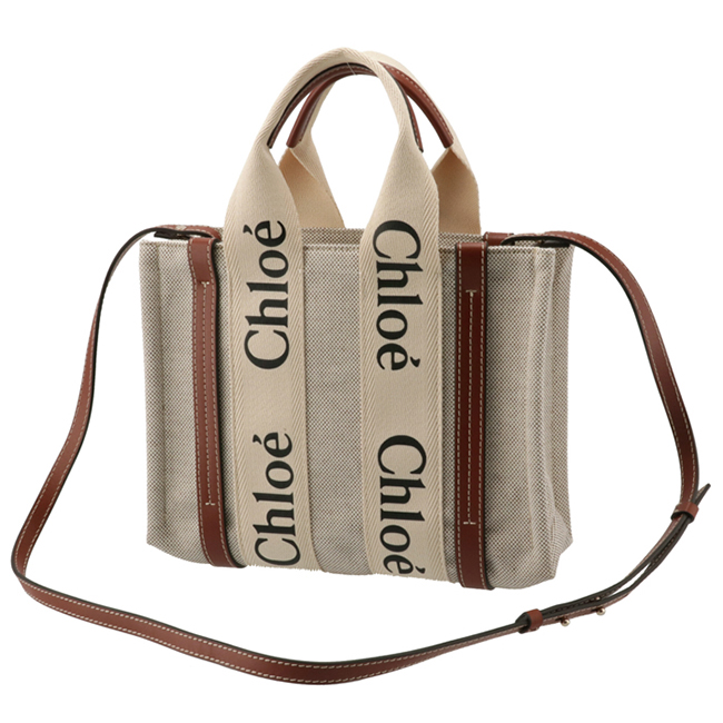 クロエ CHLOE ショルダーバッグ WOODY LOGO スモール リボン付き コットンキャンバスバッグ ホワイト×ブラウン CHC21WS397 E66 90U