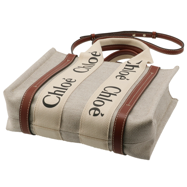 クロエ CHLOE ショルダーバッグ WOODY LOGO スモール リボン付き コットンキャンバスバッグ ホワイト×ブラウン CHC21WS397 E66 90U