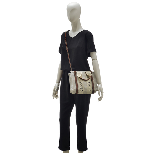 クロエ CHLOE ショルダーバッグ WOODY LOGO スモール リボン付き コットンキャンバスバッグ ホワイト×ブラウン CHC21WS397 E66 90U