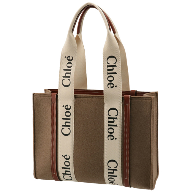クロエ CHLOE トートバッグ WOODY LOGO ミディアム リボン付き リサイクルフェルト ブラウン系 CHC21WS383 F37 26E