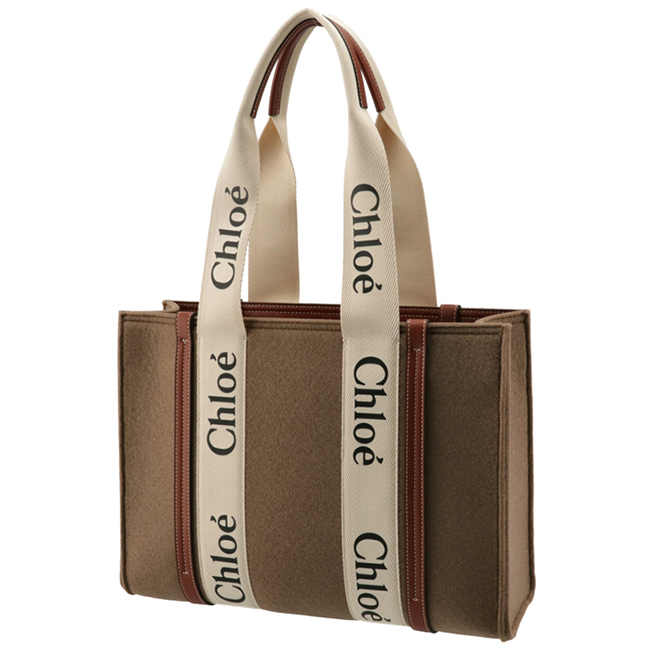 クロエ CHLOE トートバッグ WOODY LOGO ミディアム リボン付き リサイクルフェルト ブラウン系 CHC21WS383 F37 26E
