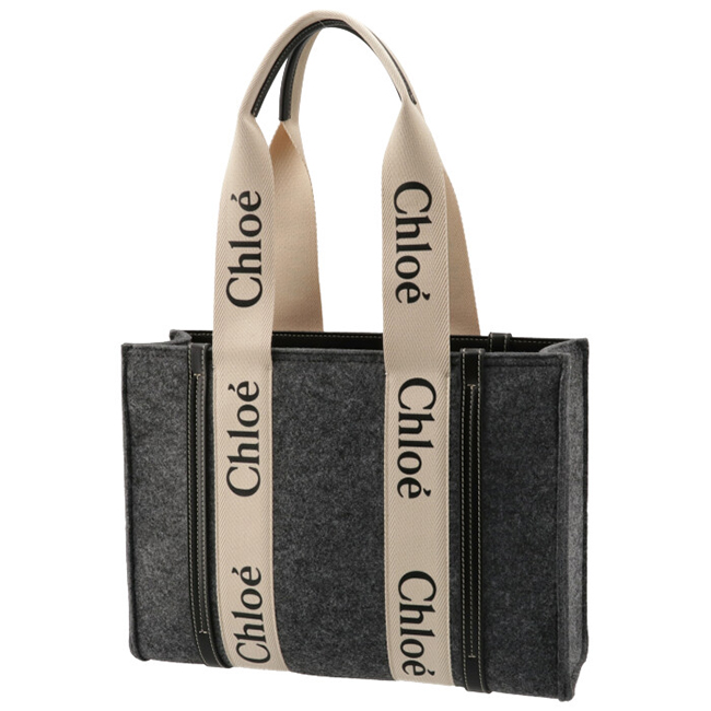 クロエ CHLOE トートバッグ WOODY LOGO ミディアム リボン付き リサイクルフェルト グレー系 CHC21WS383 F37 053