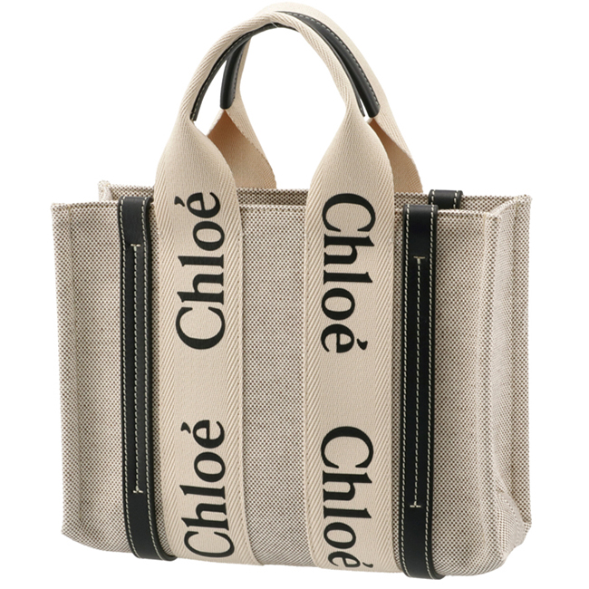 クロエ CHLOE WOODY LOGO スモール リボン付き コットンキャンバスバッグ ホワイト×ネイビー CHC21US385 E66 91J