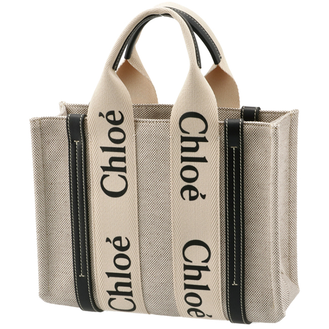 クロエ CHLOE WOODY LOGO スモール リボン付き コットンキャンバスバッグ ホワイト×ネイビー CHC21US385 E66 91J