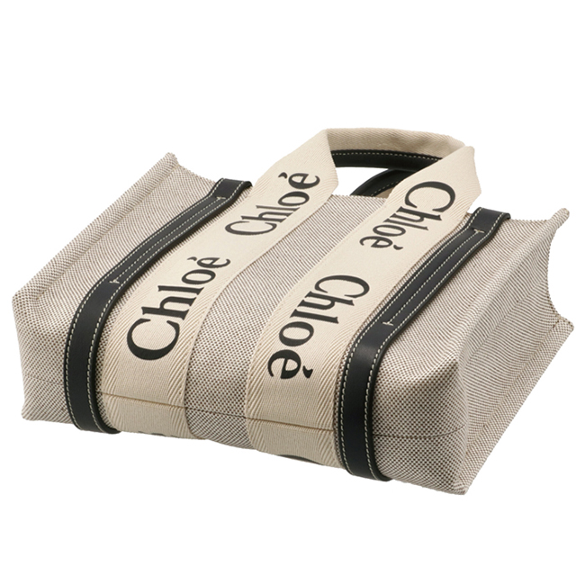 クロエ CHLOE WOODY LOGO スモール リボン付き コットンキャンバスバッグ ホワイト×ネイビー CHC21US385 E66 91J