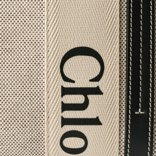クロエ CHLOE WOODY LOGO スモール リボン付き コットンキャンバスバッグ ホワイト×ネイビー CHC21US385 E66 91J